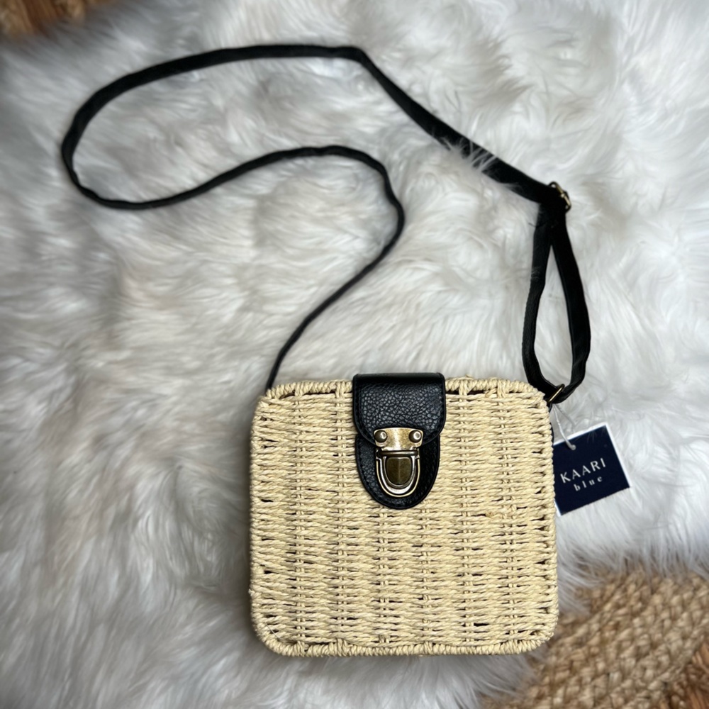 Kaari Blue Woven Straw Crossbody Bag with Black Accents